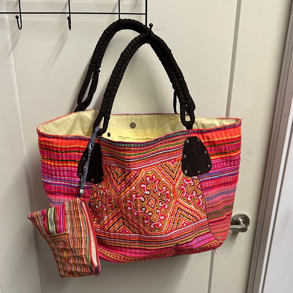 Colourful Embroidered Oversized Tote Bag with Extra Zipper Pouch